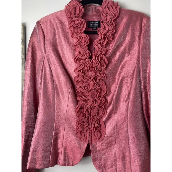 VINTAGE ADRIANNA PAPELL JACKET 12 FRILLY FEMININE RUFFLE IRIDESCENT PINK BLAZER - Picture 9 of 15